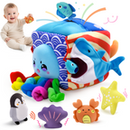 Baby Toys 6-12 Months–Mystery Soft Box with 5 Plush Marine Animals,Rattle,Crinkle Paper & Mirror–Montessori Sensory Toys for 6 Month Old Babies 1-3 Year Old Boy Girl Birthday