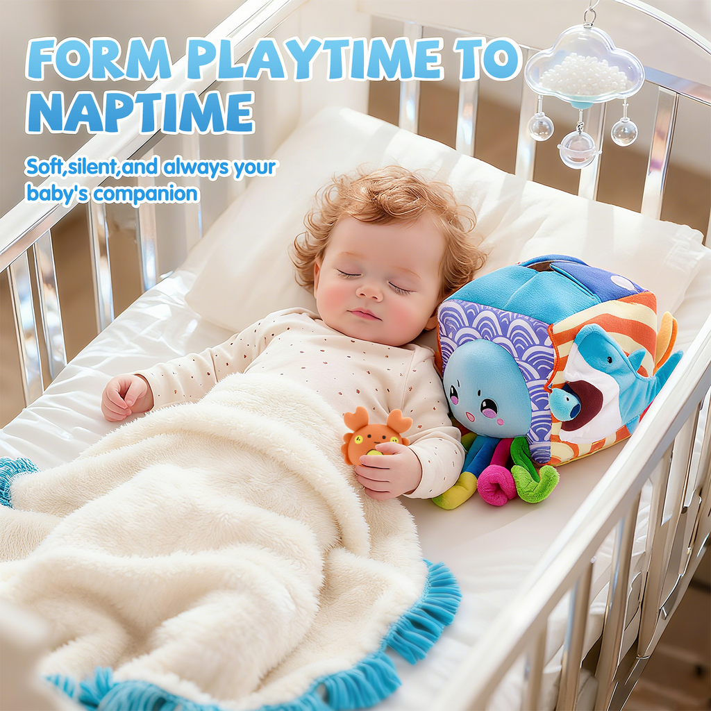 Baby Toys 6-12 Months–Mystery Soft Box with 5 Plush Marine Animals,Rattle,Crinkle Paper & Mirror–Montessori Sensory Toys for 6 Month Old Babies 1-3 Year Old Boy Girl Birthday