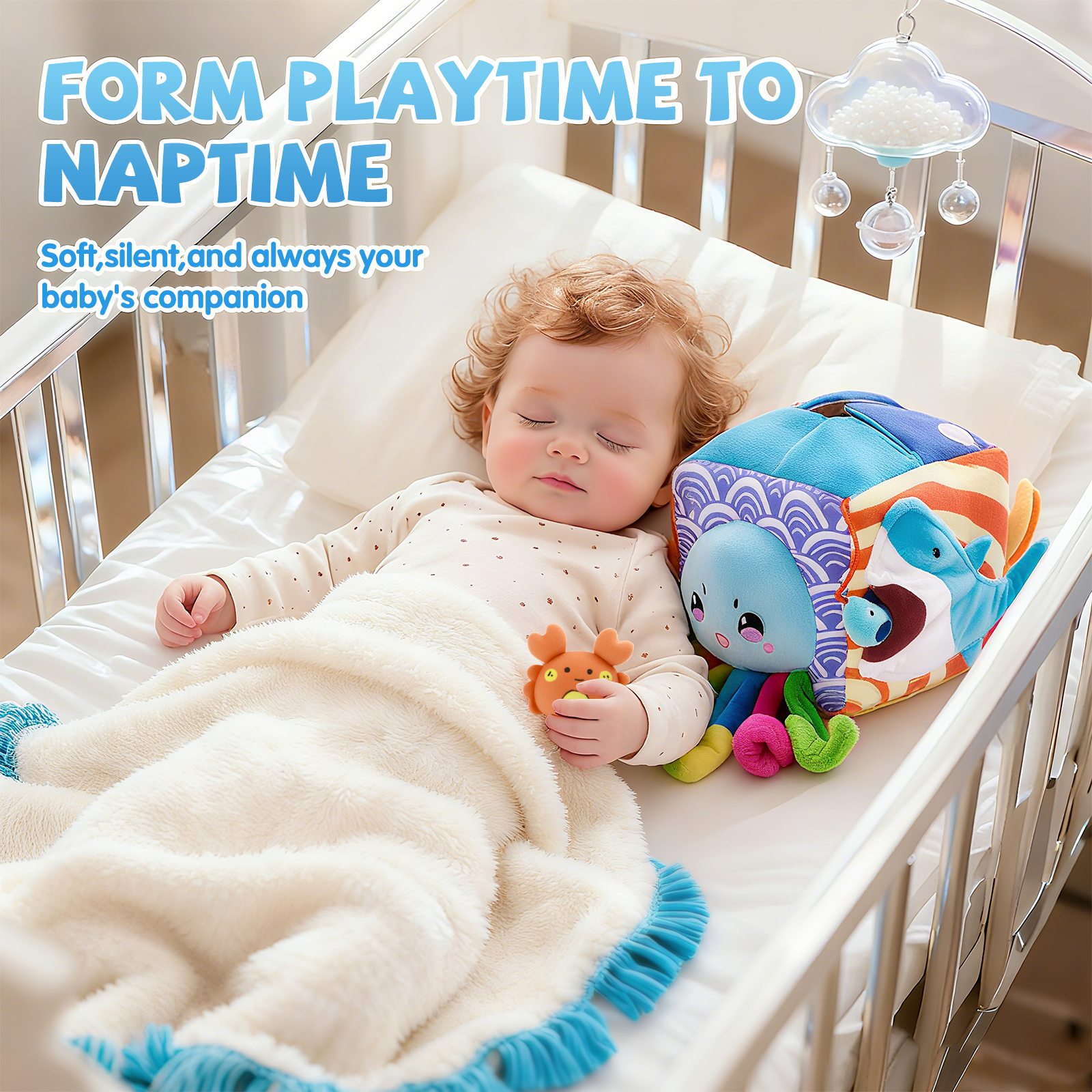 Baby Toys 6-12 Months–Mystery Soft Box with 5 Plush Marine Animals,Rattle,Crinkle Paper & Mirror–Montessori Sensory Toys for 6 Month Old Babies 1-3 Year Old Boy Girl Birthday