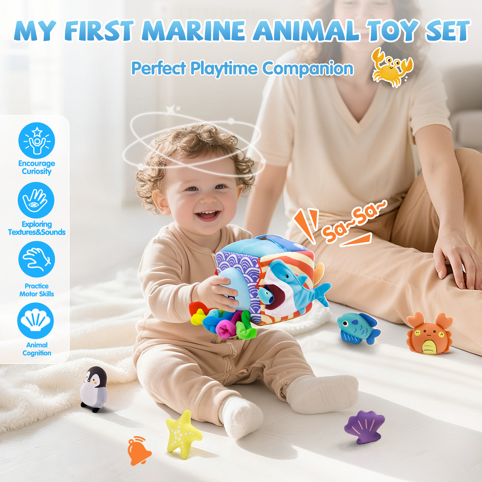 Baby Toys 6-12 Months–Mystery Soft Box with 5 Plush Marine Animals,Rattle,Crinkle Paper & Mirror–Montessori Sensory Toys for 6 Month Old Babies 1-3 Year Old Boy Girl Birthday
