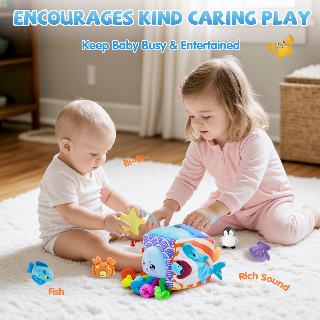 Baby Toys 6-12 Months–Mystery Soft Box with 5 Plush Marine Animals,Rattle,Crinkle Paper & Mirror–Montessori Sensory Toys for 6 Month Old Babies 1-3 Year Old Boy Girl Birthday