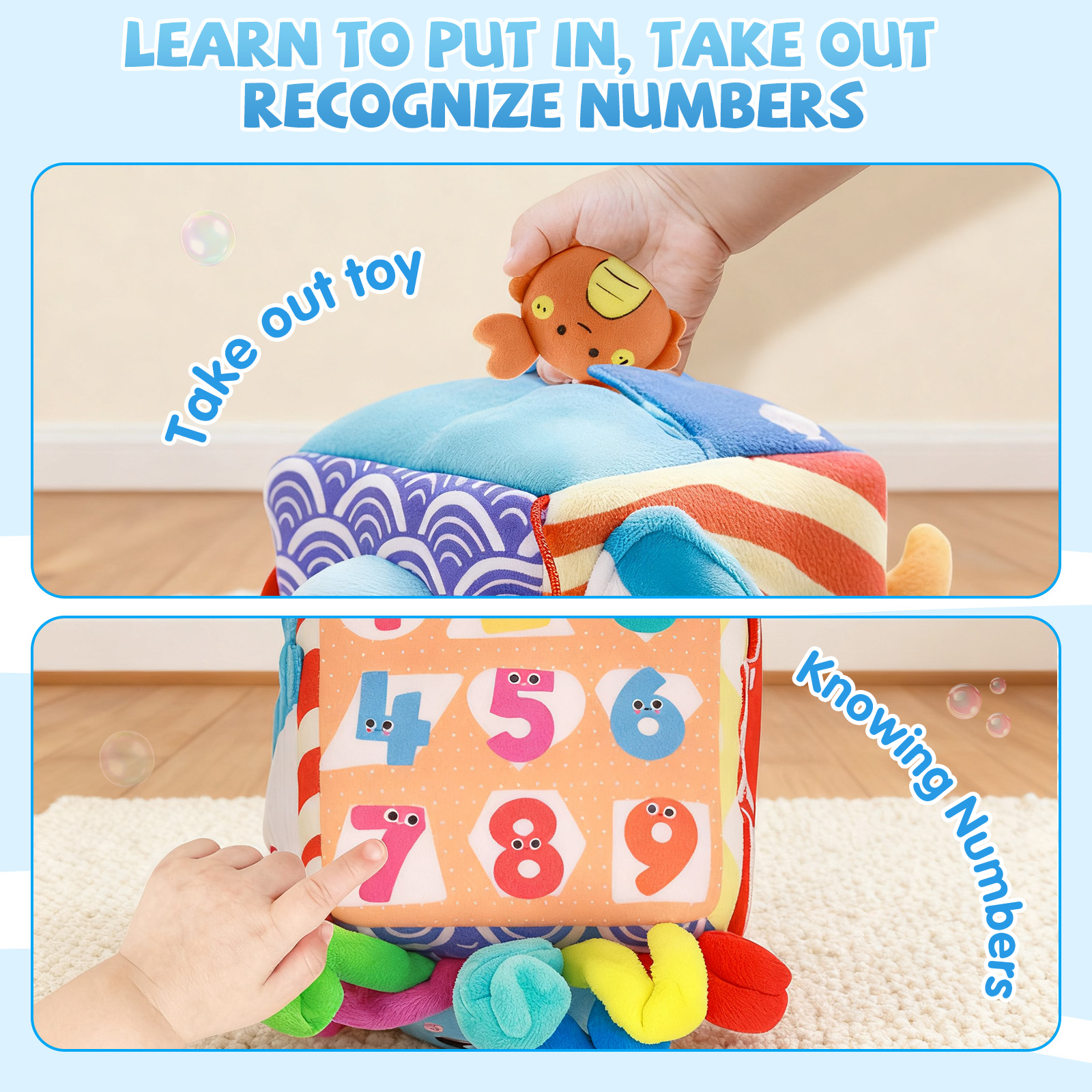 Baby Toys 6-12 Months–Mystery Soft Box with 5 Plush Marine Animals,Rattle,Crinkle Paper & Mirror–Montessori Sensory Toys for 6 Month Old Babies 1-3 Year Old Boy Girl Birthday