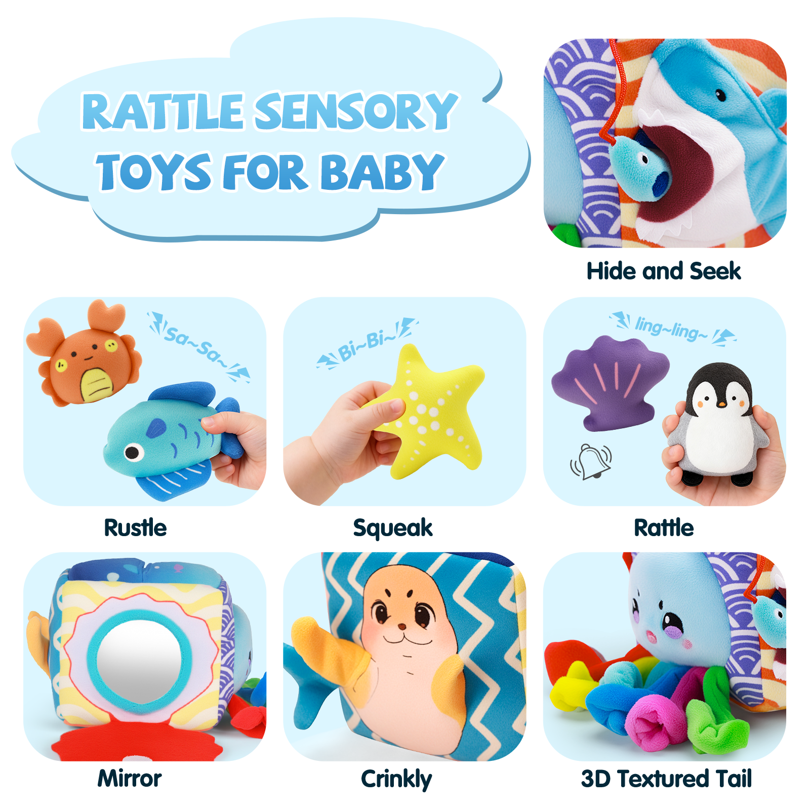 Baby Toys 6-12 Months–Mystery Soft Box with 5 Plush Marine Animals,Rattle,Crinkle Paper & Mirror–Montessori Sensory Toys for 6 Month Old Babies 1-3 Year Old Boy Girl Birthday
