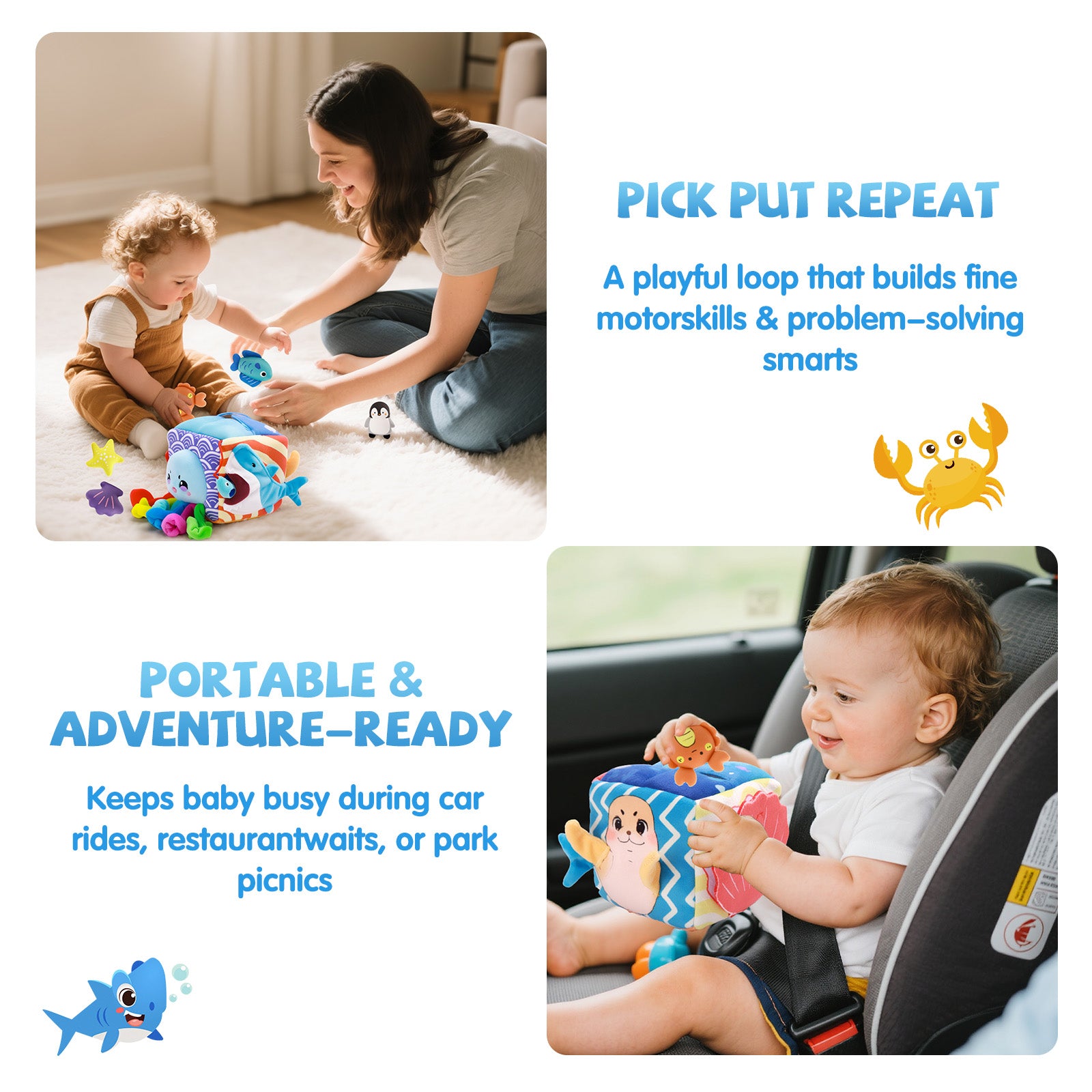 Baby Toys 6-12 Months–Mystery Soft Box with 5 Plush Marine Animals,Rattle,Crinkle Paper & Mirror–Montessori Sensory Toys for 6 Month Old Babies 1-3 Year Old Boy Girl Birthday